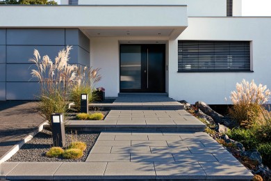 Arcadia Terrassenplatte Anthrazit Dunkel Hauszugang Modern Schlicht Design Stufen 1008 02