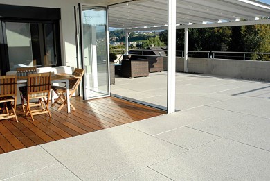 Conceo Grossformat Terrassenplatte Holz Platte Beige Hell Grau Überdacht Sitzecke Terrasse 11 153